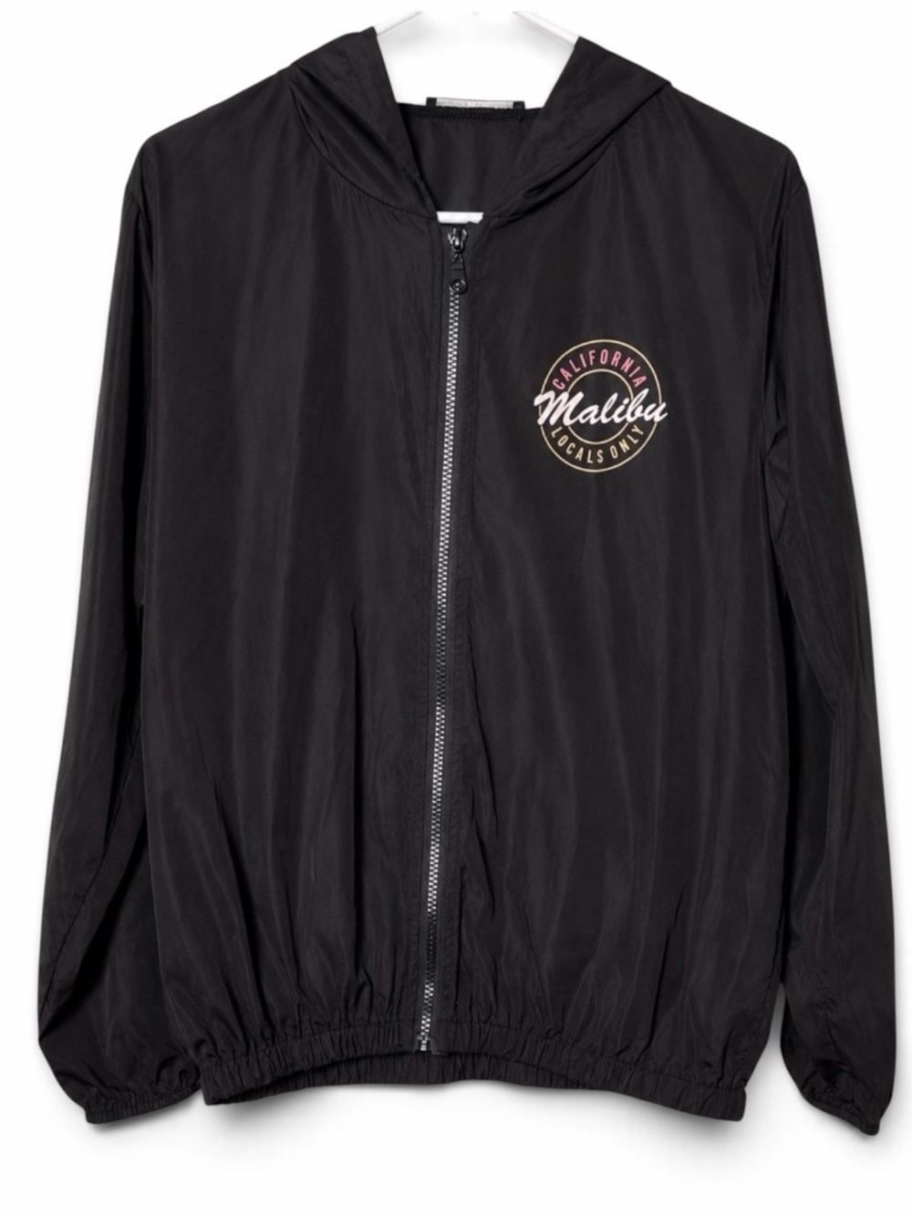 Brandy Melville Black Hooded Windbreaker Jacket with Malibu Logo One Size